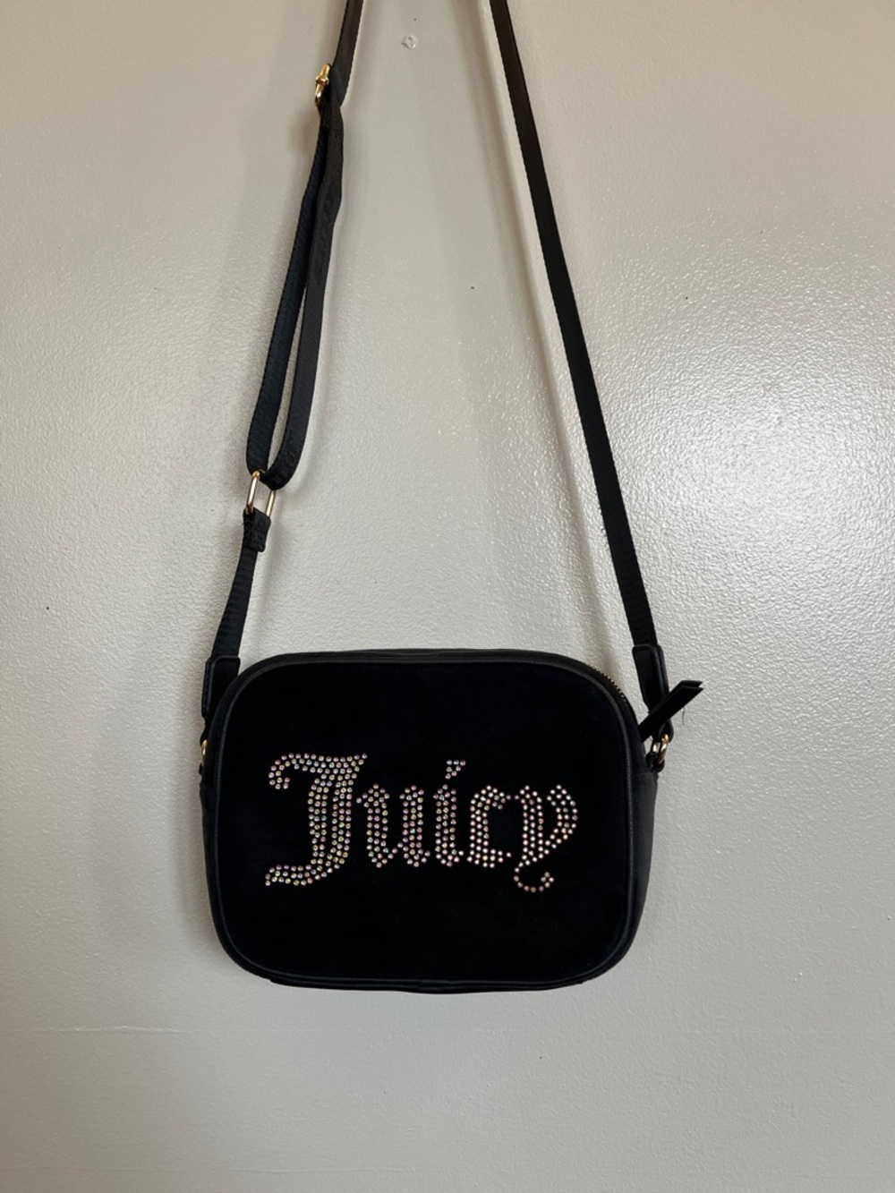 Juicy Couture Black Velvet Crossbody with Rhinestone 'Juicy' Logo